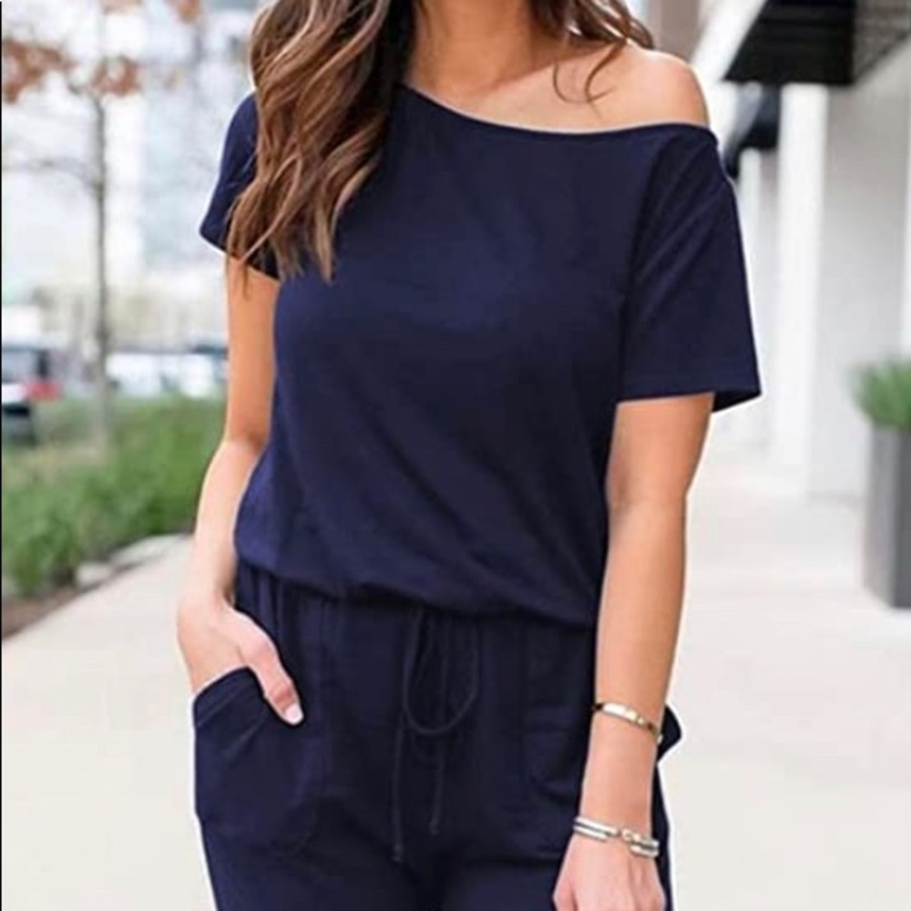 Women's Loose Solid Off Shoulder Elastic Waist Stretchy Long Romper Jumpsuit